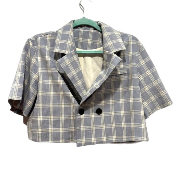Dazy Blazer Cropped Shacket Plaid Short Sleeve Jacket Blue Womens sz Medium - Picture 1 of 8